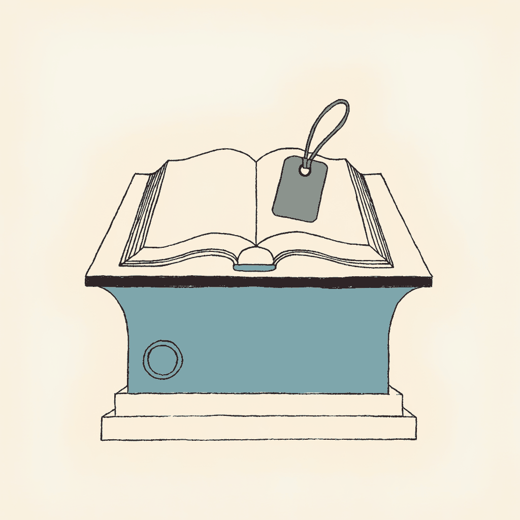 An ancient book held open on a lectern by a brand-new courtroom exhibit tag
