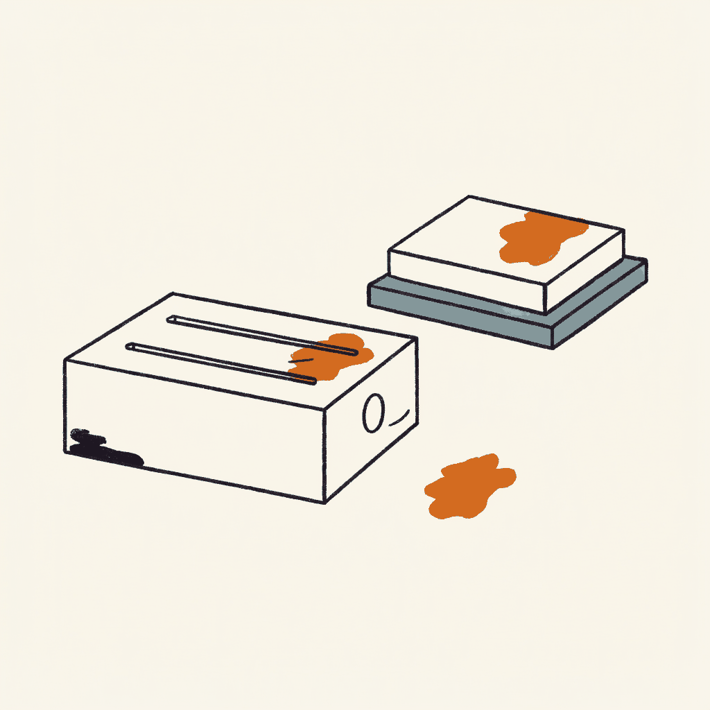 A clean shipping crate stamped by an ink pad that leaves its own dirty print