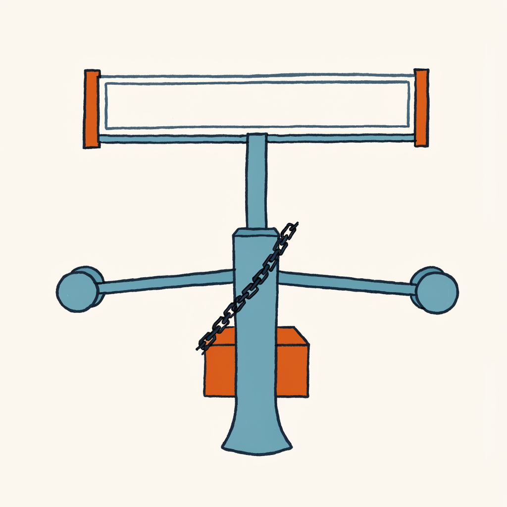 A turnstile chained shut beneath a departures board wiped blank