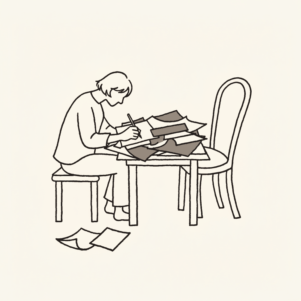 A portrait painter copying from a pile of other men's letters while the sitter's chair stands empty
