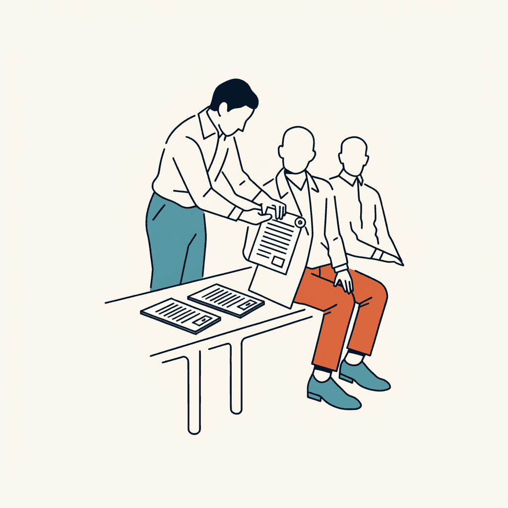 A clerk pinning one man's transcript onto another man's coat while identical pages lie unclaimed on the bench