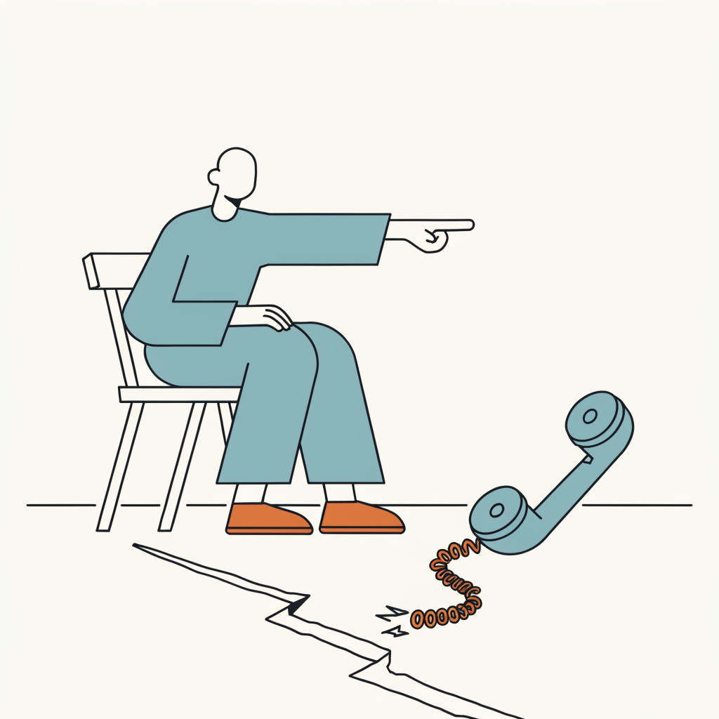 A surveyor's rule laid across a real crack in the floor while a man points instead at a telephone with a cut cord