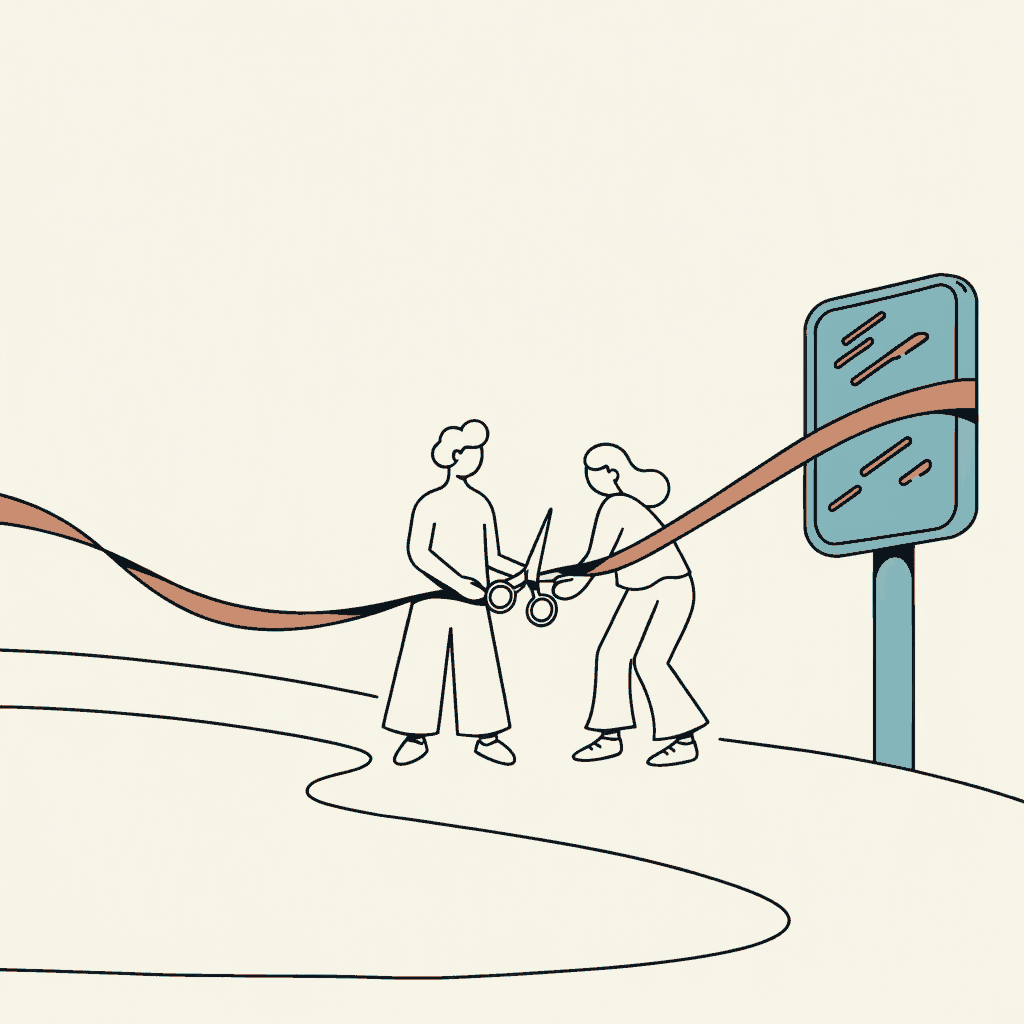 A ceremonial ribbon-cutting at a lake whose only change is the fresh paint on its sign