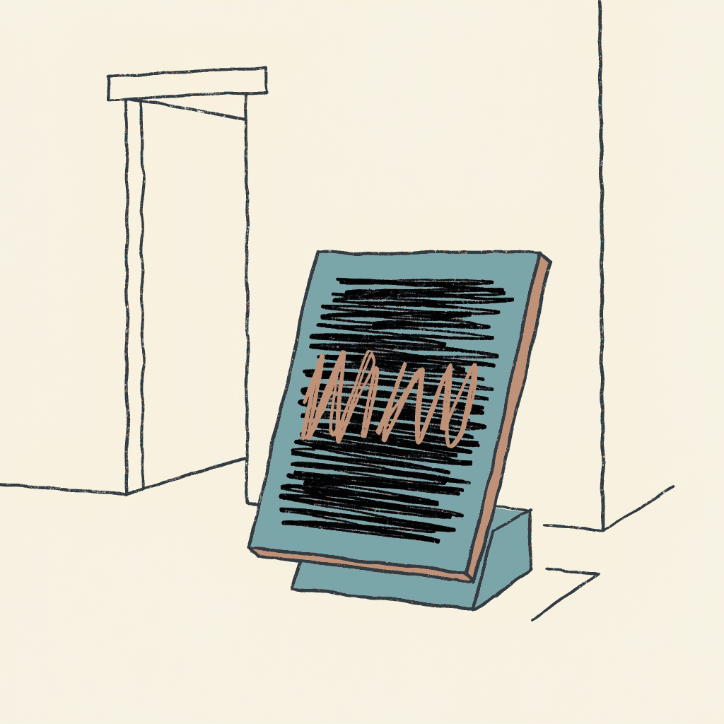A museum caption card with its printed verb scratched out and a new word inked over it