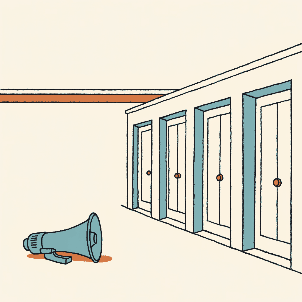 A megaphone resting on the pavement of a quiet residential street, pointed at the row of front doors