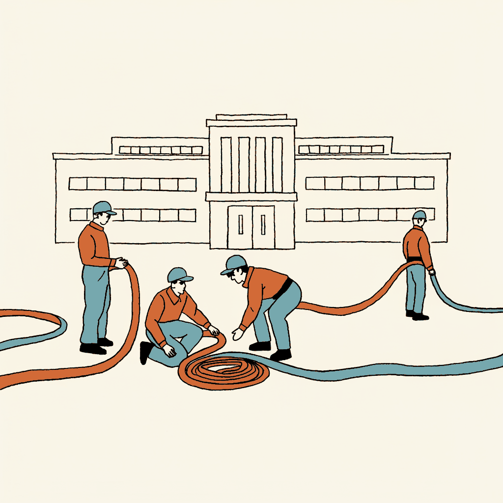 A fire brigade unspooling hoses at the same unburned building for the fourth morning in a row