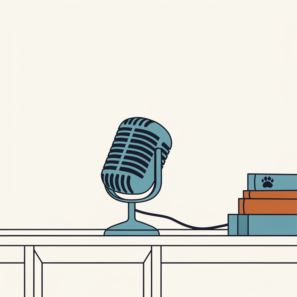 A broadcast microphone shelved in the veterinary section of a library