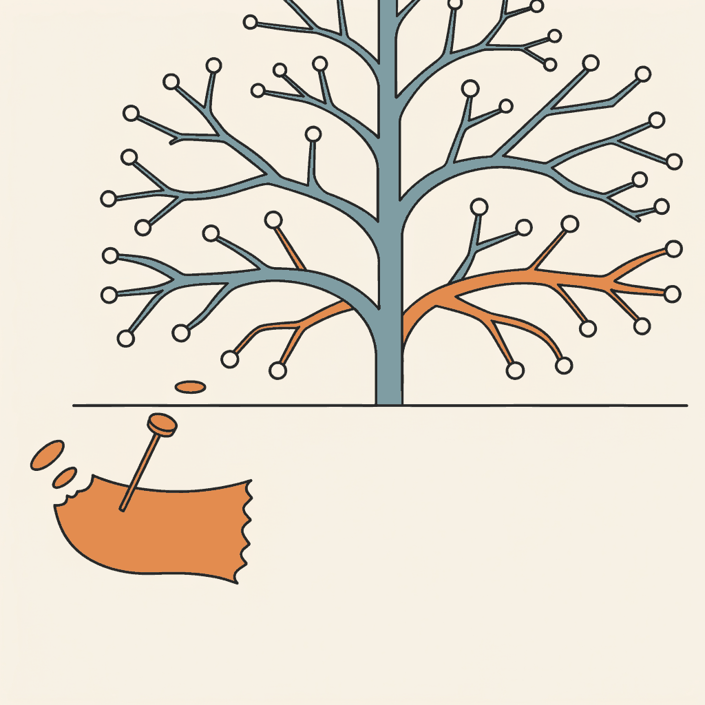A wall taxonomy chart with one branch clipped off and pinned outside the frame
