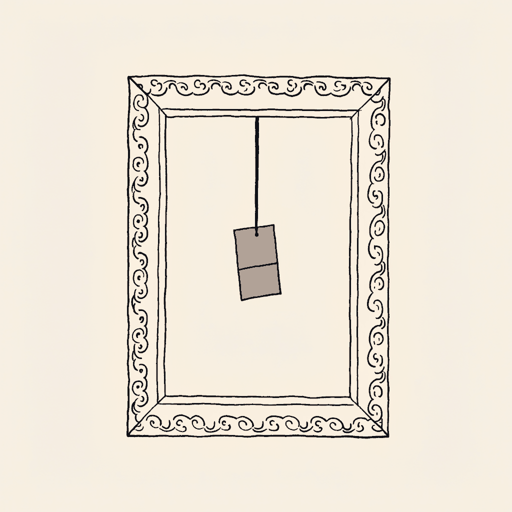 A paint-sample wall stripped to a single card, hung in an ornate gilded frame