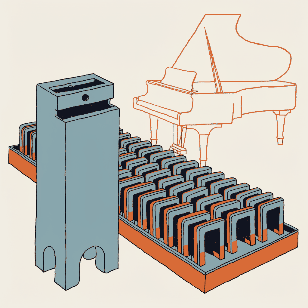 One metal stamping die beside a long tray of identical castings, a shrouded grand piano in the background