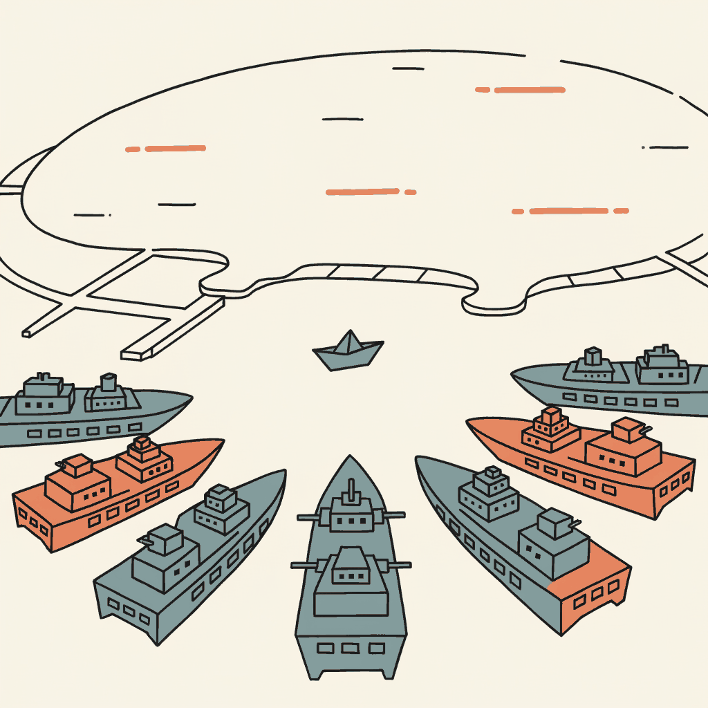 A fleet of toy warships arranged on a harbor chart to face a single paper boat