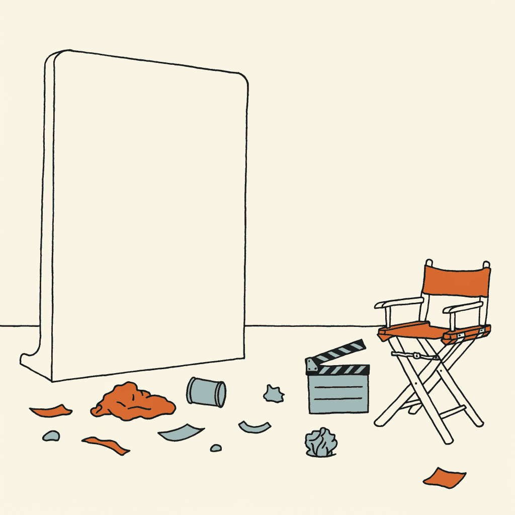 A stage set dressed with scattered litter, a director's chair and clapperboard facing it