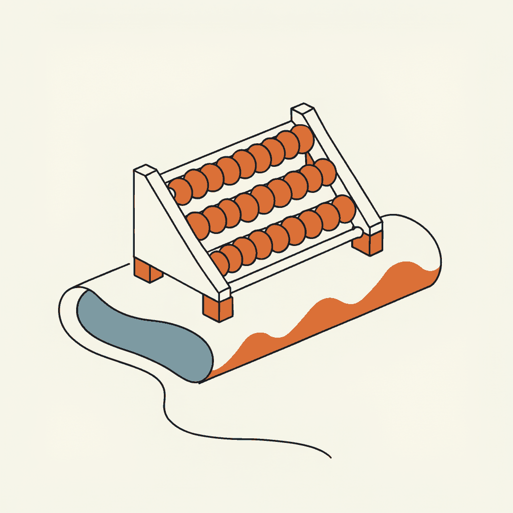 A toy abacus resting on a rolled city blueprint, every bead pushed to one empty end