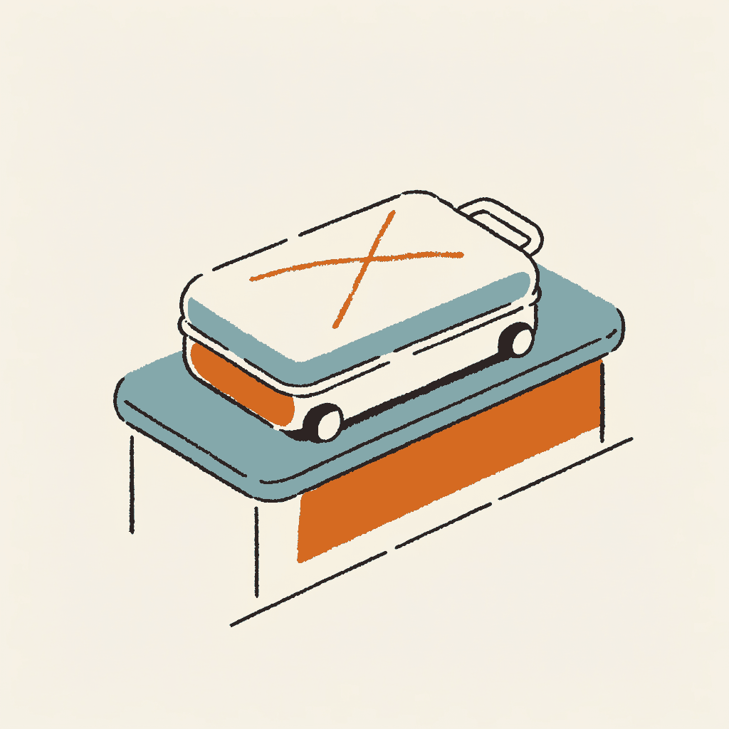 A clean, empty suitcase on a customs counter, already chalk-marked for confiscation