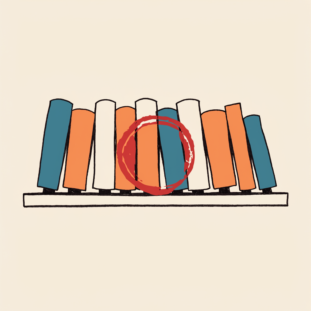 A red grading stamp pressed onto the spine of a whole shelf of unopened books