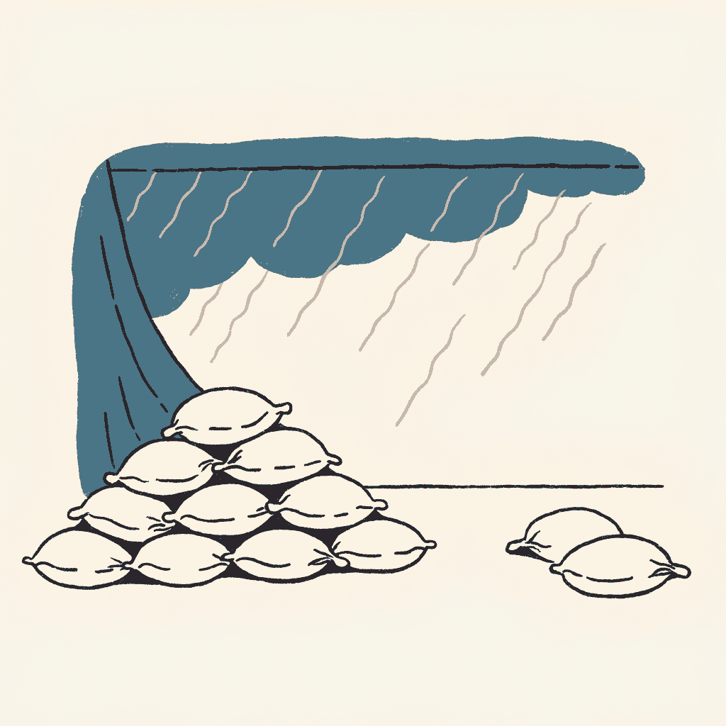 Real sandbags stacked against a theater's painted backdrop of a storm