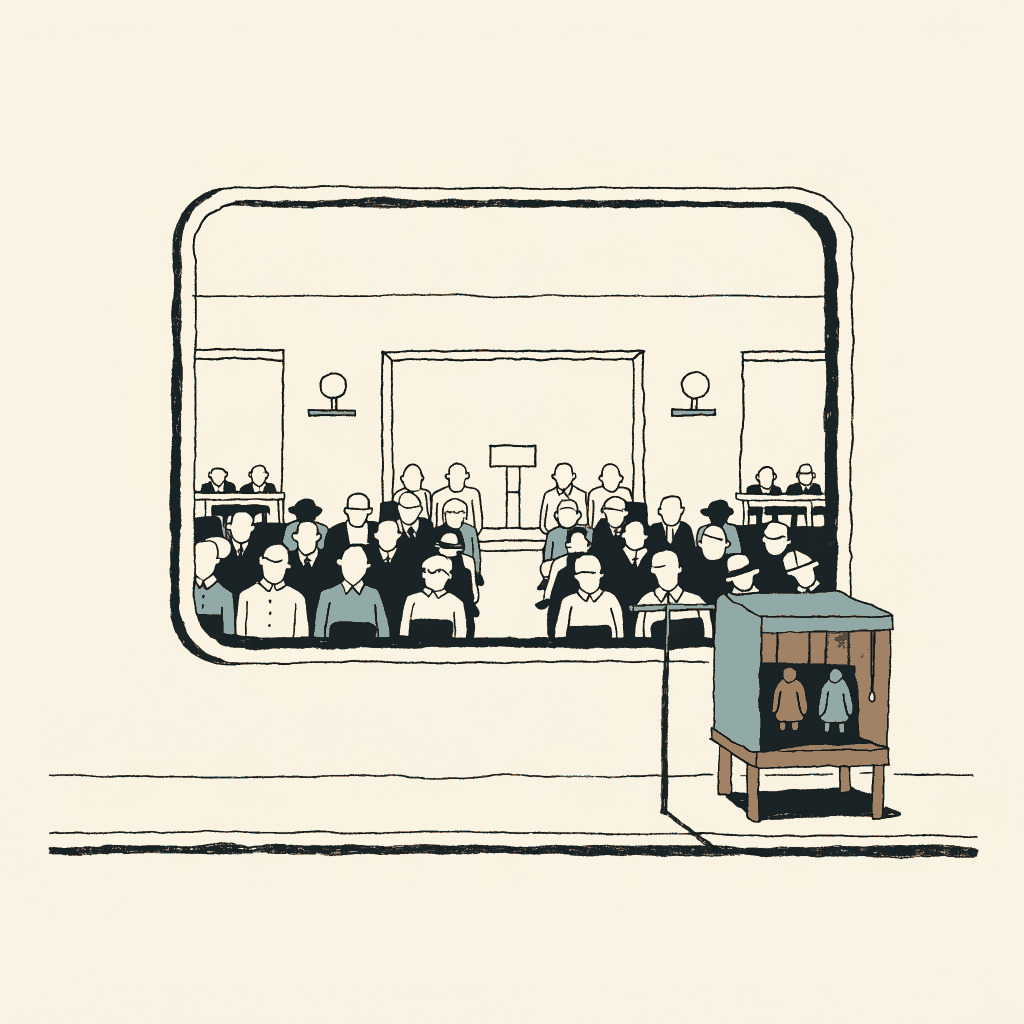 A packed town-hall meeting seen through a window, a tiny unattended puppet stage set up on the sidewalk outside