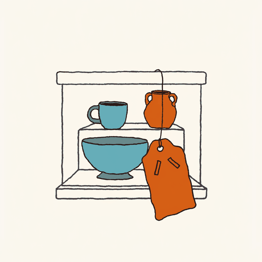 A museum case of everyday household pottery with a counterfeit tag hung over the glass