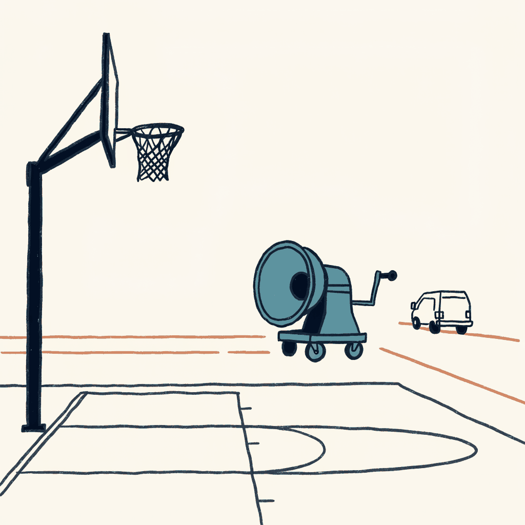 A hand-cranked siren standing silent at the edge of an empty basketball court after the last camera van has driven off