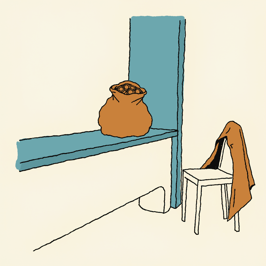 A heavy sack of coins set out in plain view on a public records counter, a conspirator's cloak folded unworn on the chair beside it