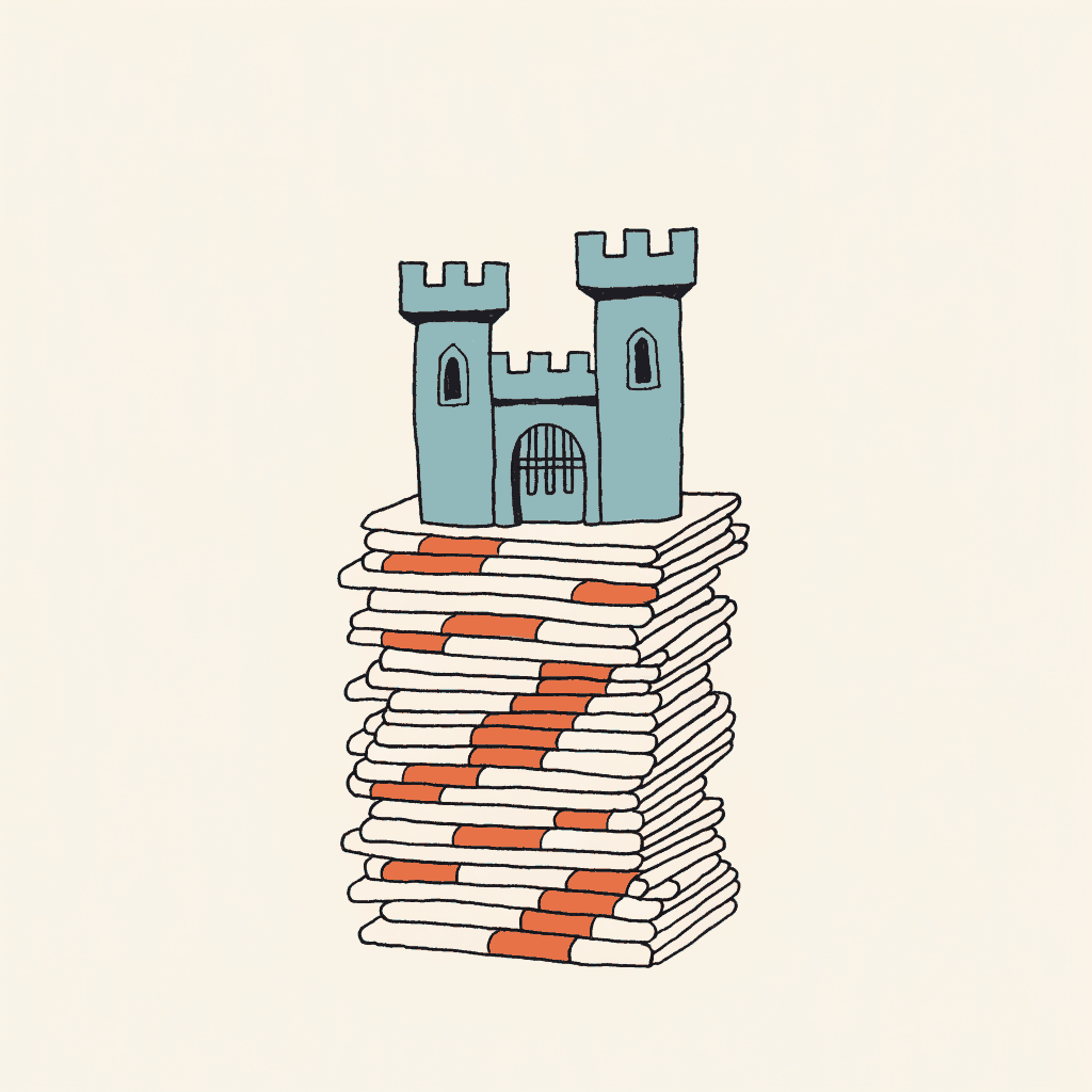 A toy castle with its portcullis lowered onto a stack of ordinary transit passes