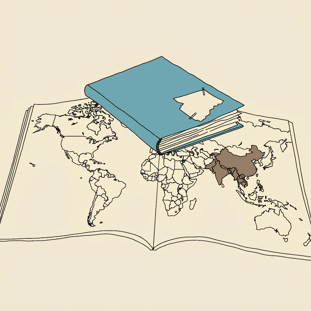 A thick policy dossier with a torn scrap stapled to its last page, covering one country on the atlas beneath