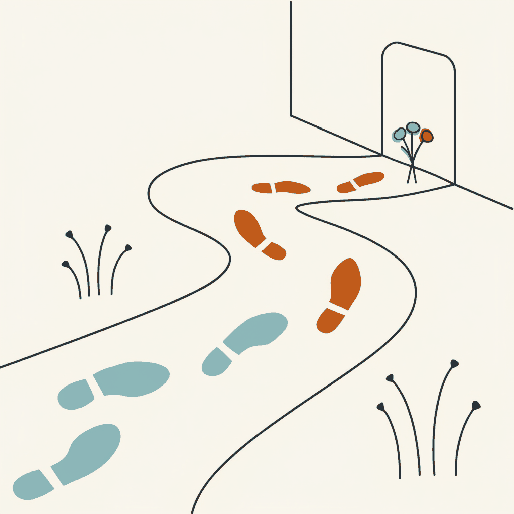 Two sets of footprints running side by side along a campaign trail, one set breaking off to a doorstep where a bouquet has been left