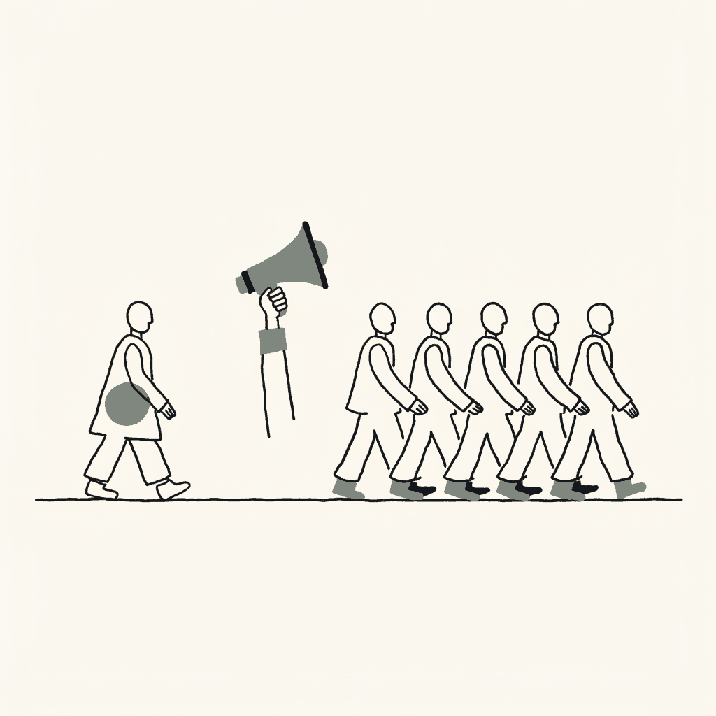 A single megaphone raised from the roadside while the marching column keeps step beside the man it was said to be turning on