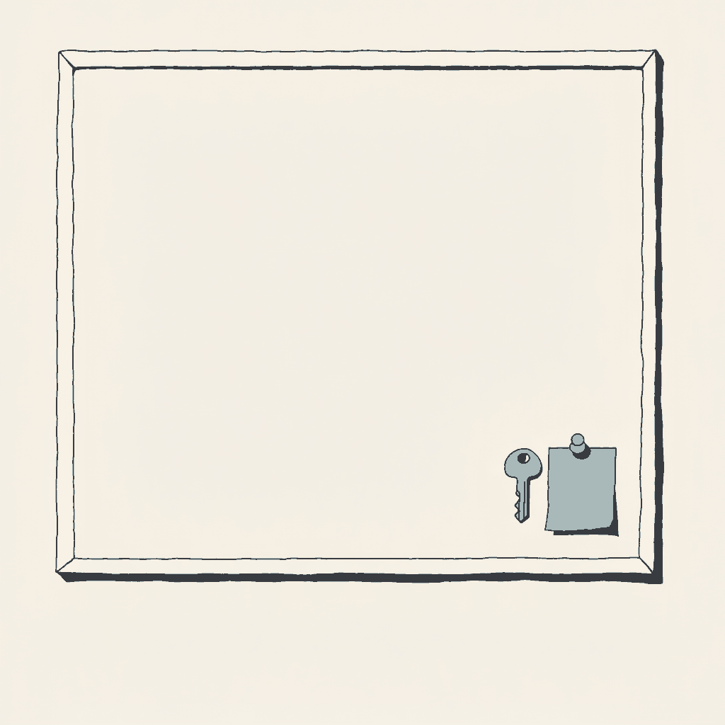A large empty pinboard filling a wall, with one small house key and one blank index card pinned together in its bottom corner