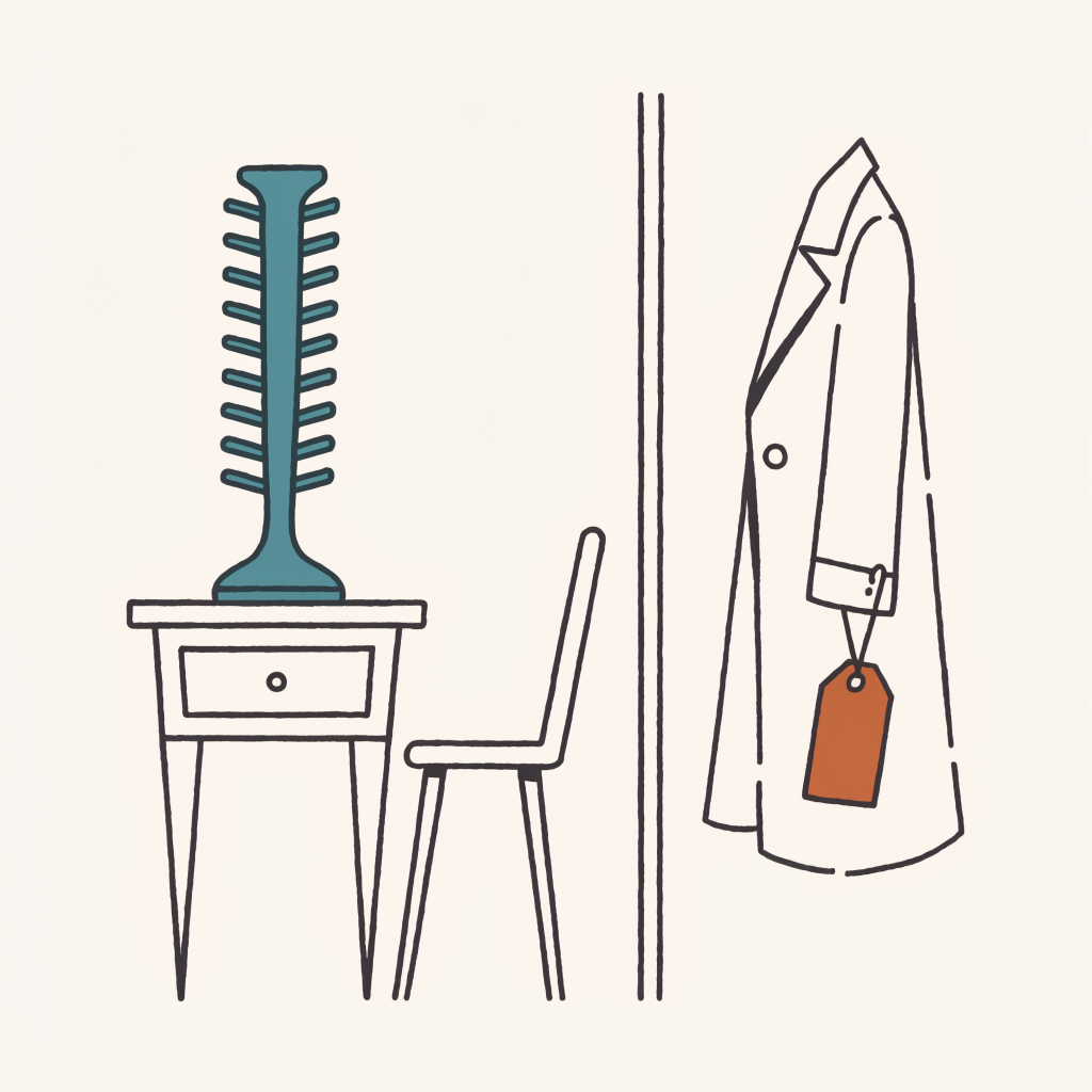 A receipt spike on a treasurer's desk holding nothing, beside a coat with a price tag tied to its sleeve