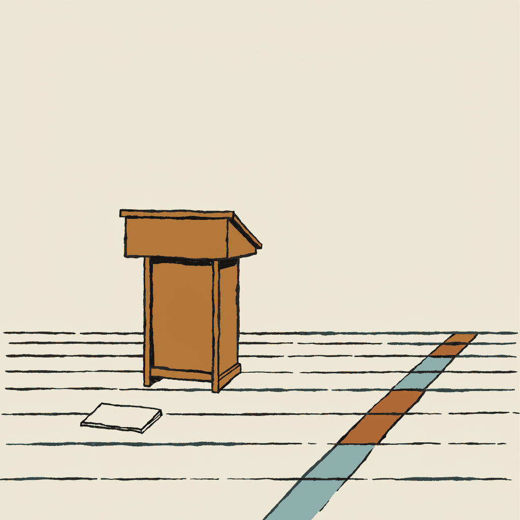 A wooden lectern on a stage floor, a bold painted line running across the boards on one side and a small blank place card lying face down on the other