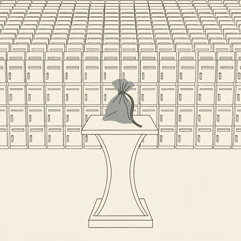 One small evidence bag placed on an official lectern in front of a wall of a thousand identical mailboxes