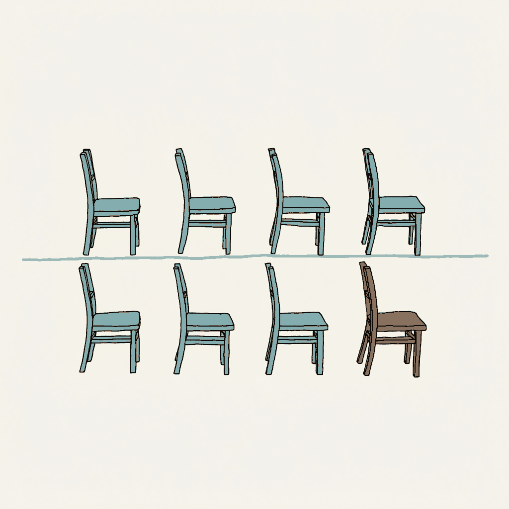 Two rows of empty jury chairs split by a painted line, every chair but one turned the same way