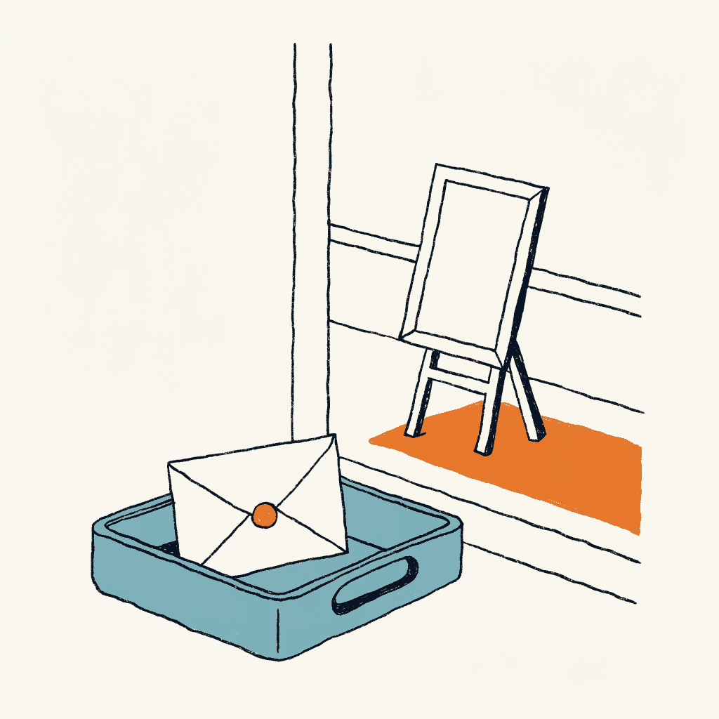 A sealed envelope resting in a court clerk's tray indoors, and outside the window an empty picture frame standing on an easel on the pavement