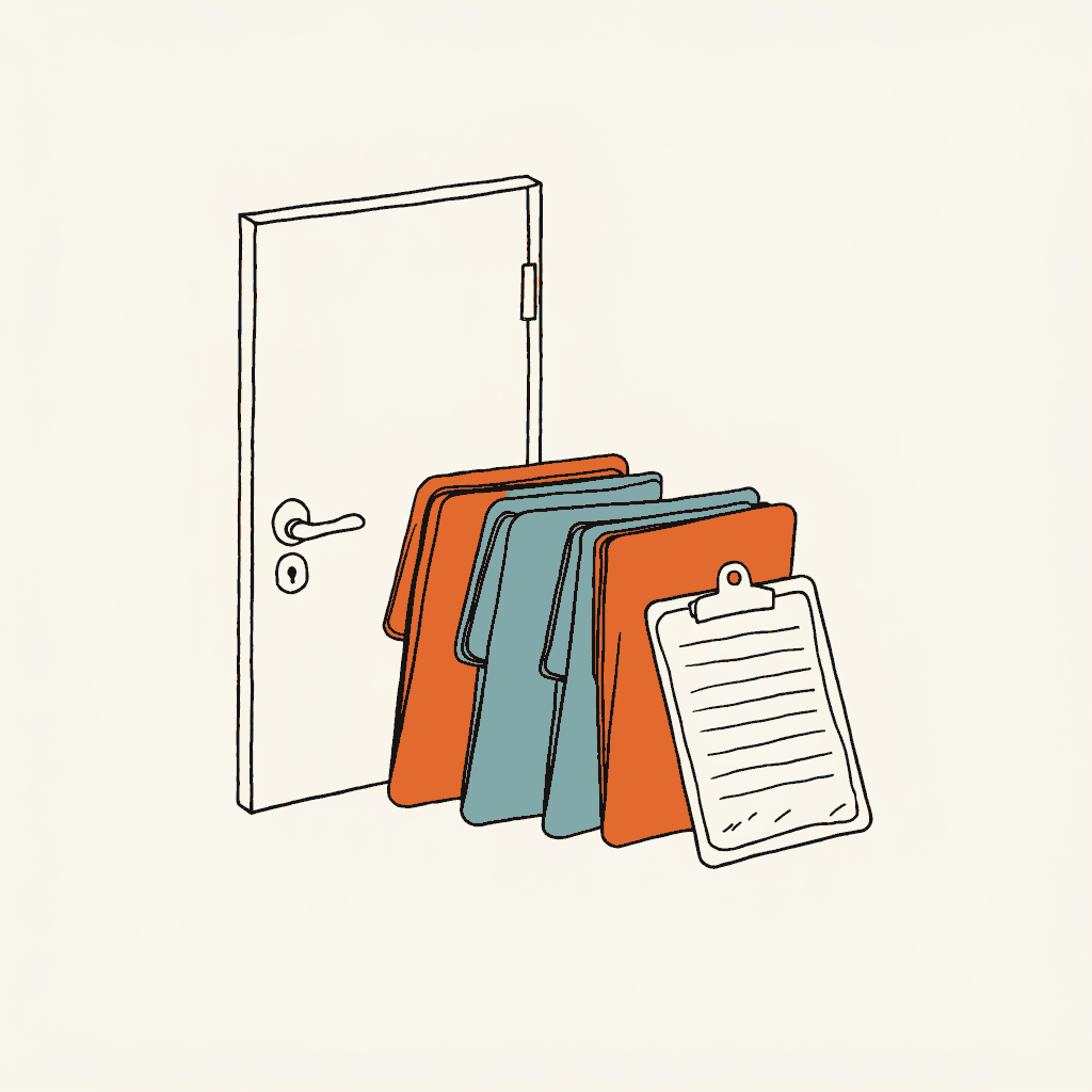 Four folders left outside a locked chamber door, beside a petition clipboard with most of its signature lines still blank