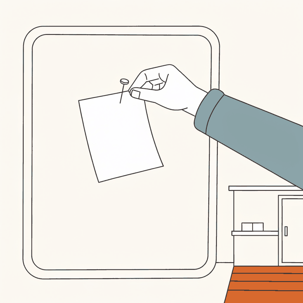 A party's large notice board hung with nothing at all, while a hand pins onto it a page fetched from a small stall across the hall