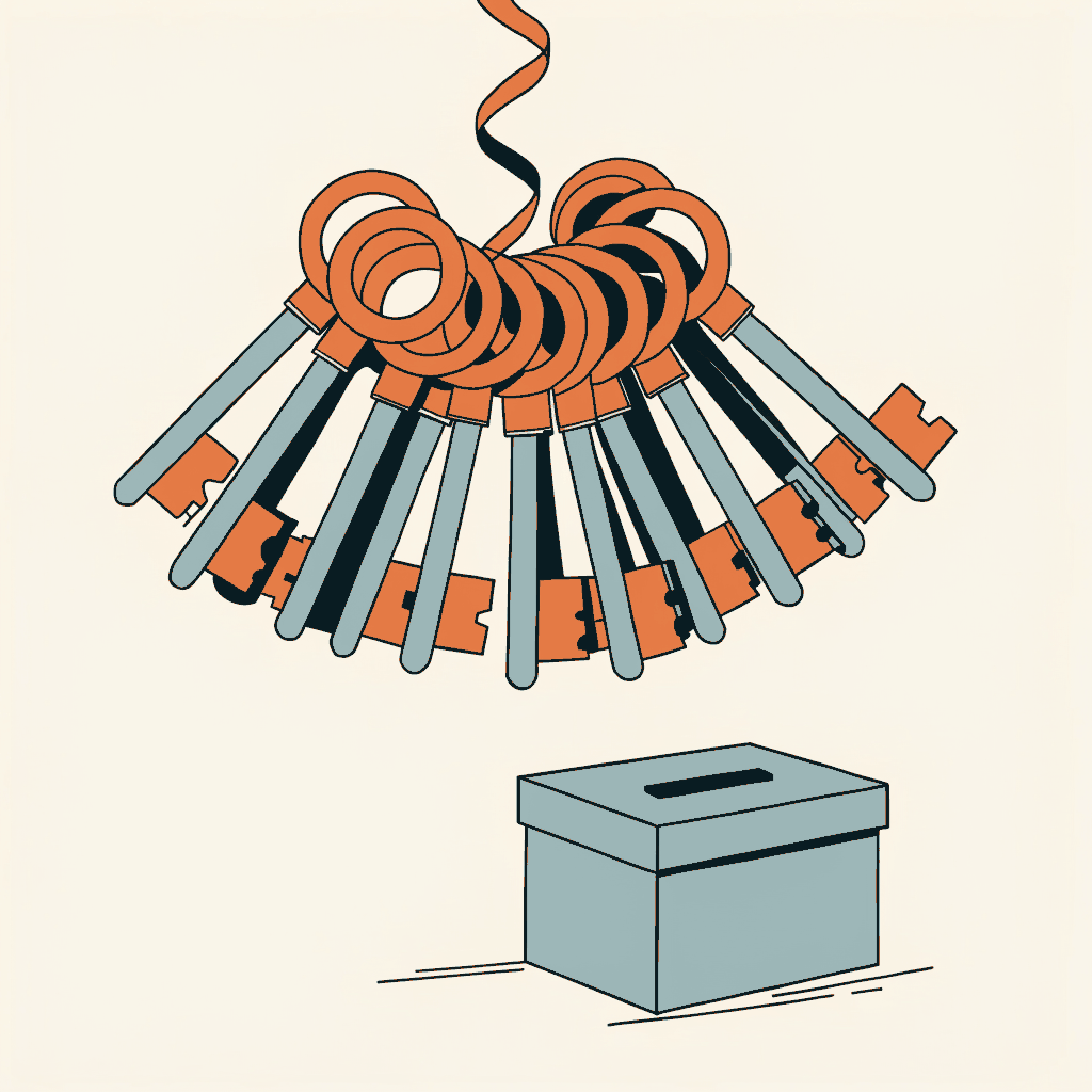 A ring of old prison keys hung from a party streamer above an unused ballot box