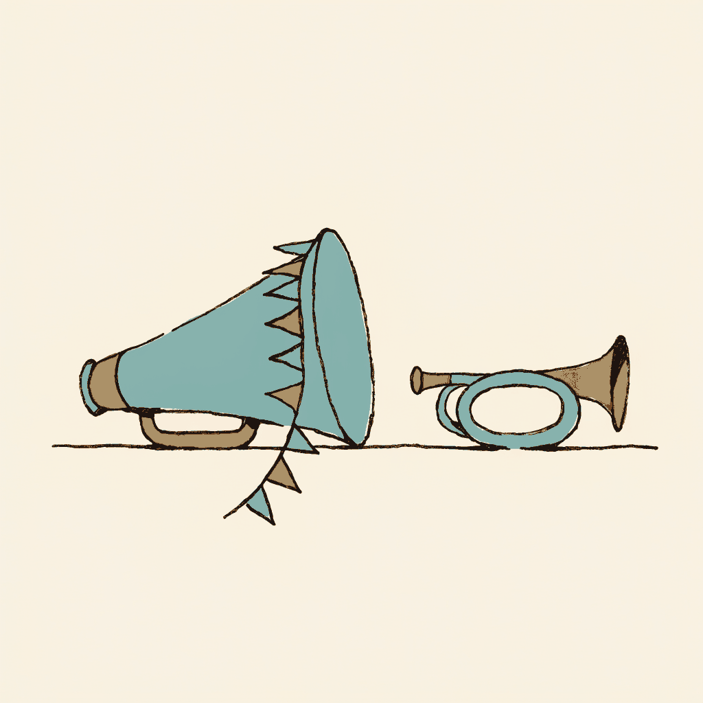 A megaphone strung with birthday bunting, set beside a barracks bugle on the same shelf