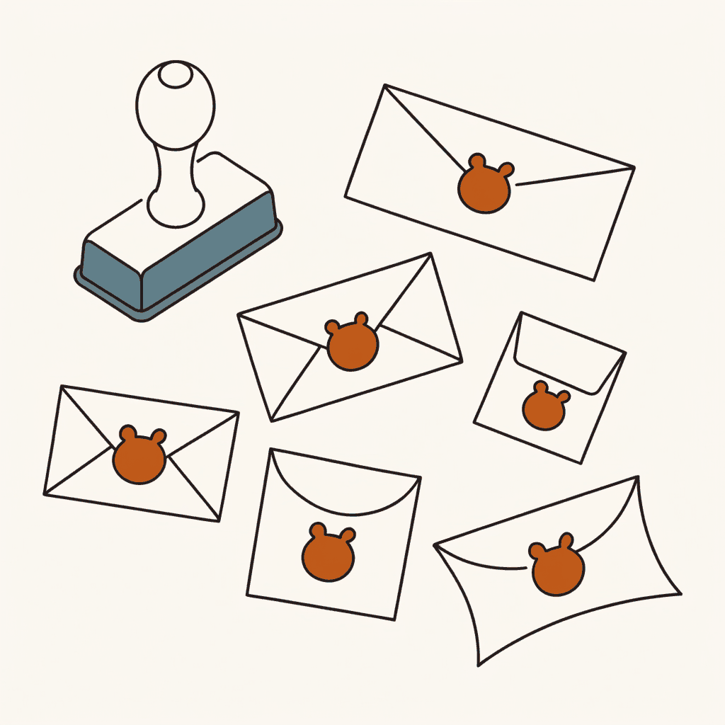 One rubber stamp beside five different envelopes each carrying the same fresh impression
