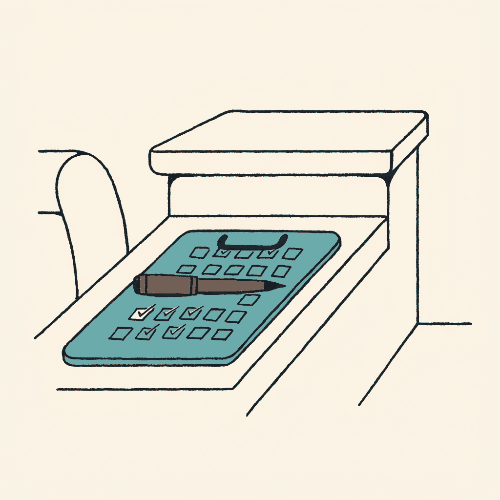 A clipboard of ticked boxes lying in a courtroom dock, the pen laid across it like a gavel