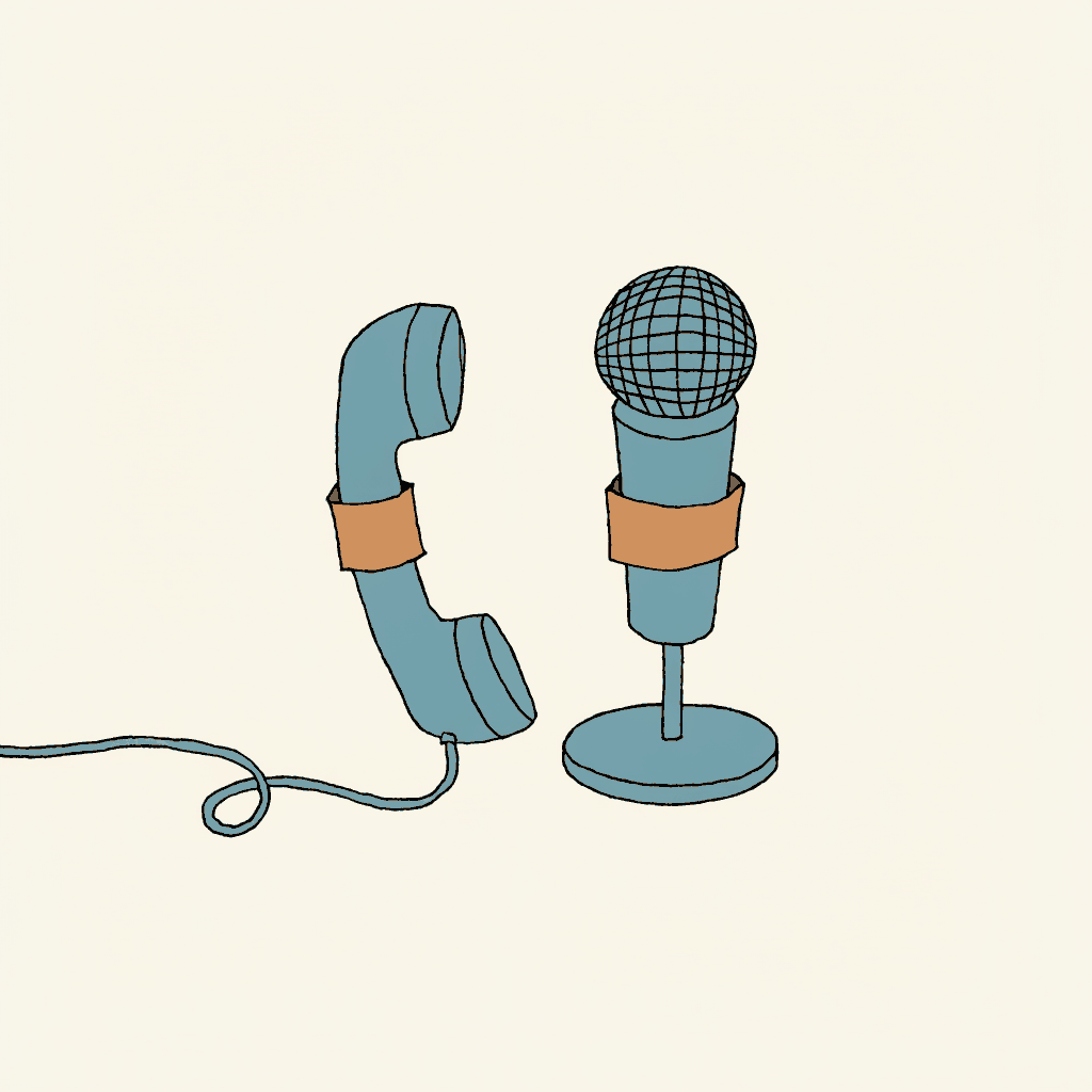 A telephone handset taped straight onto a broadcast microphone, no mixing desk between them