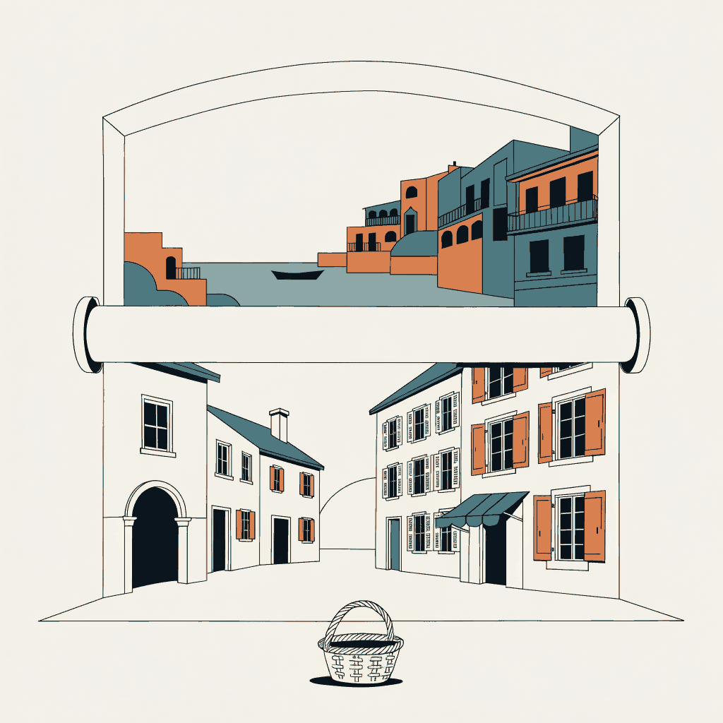 A painted theatre backdrop of a small-town main street rolled halfway up to reveal a painted Mediterranean harbour behind it, an empty wicker basket at the footlights