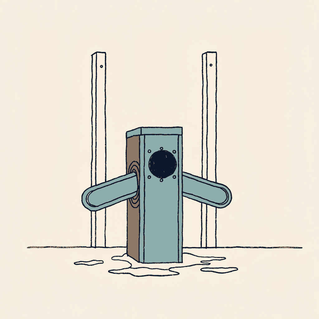 A turnstile at a border gate with a fingerprint inkpad bolted where the ticket slot should be, floodwater at its base