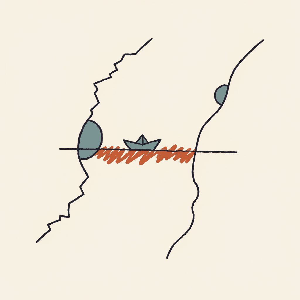 A coastguard chart with a battle front crayoned across the channel and one small paper boat placed on the line