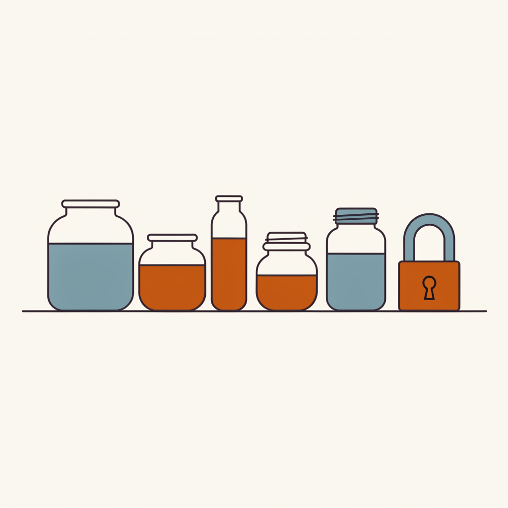 A row of everyday pantry jars on a shelf, ending in a padlock where the last jar should be