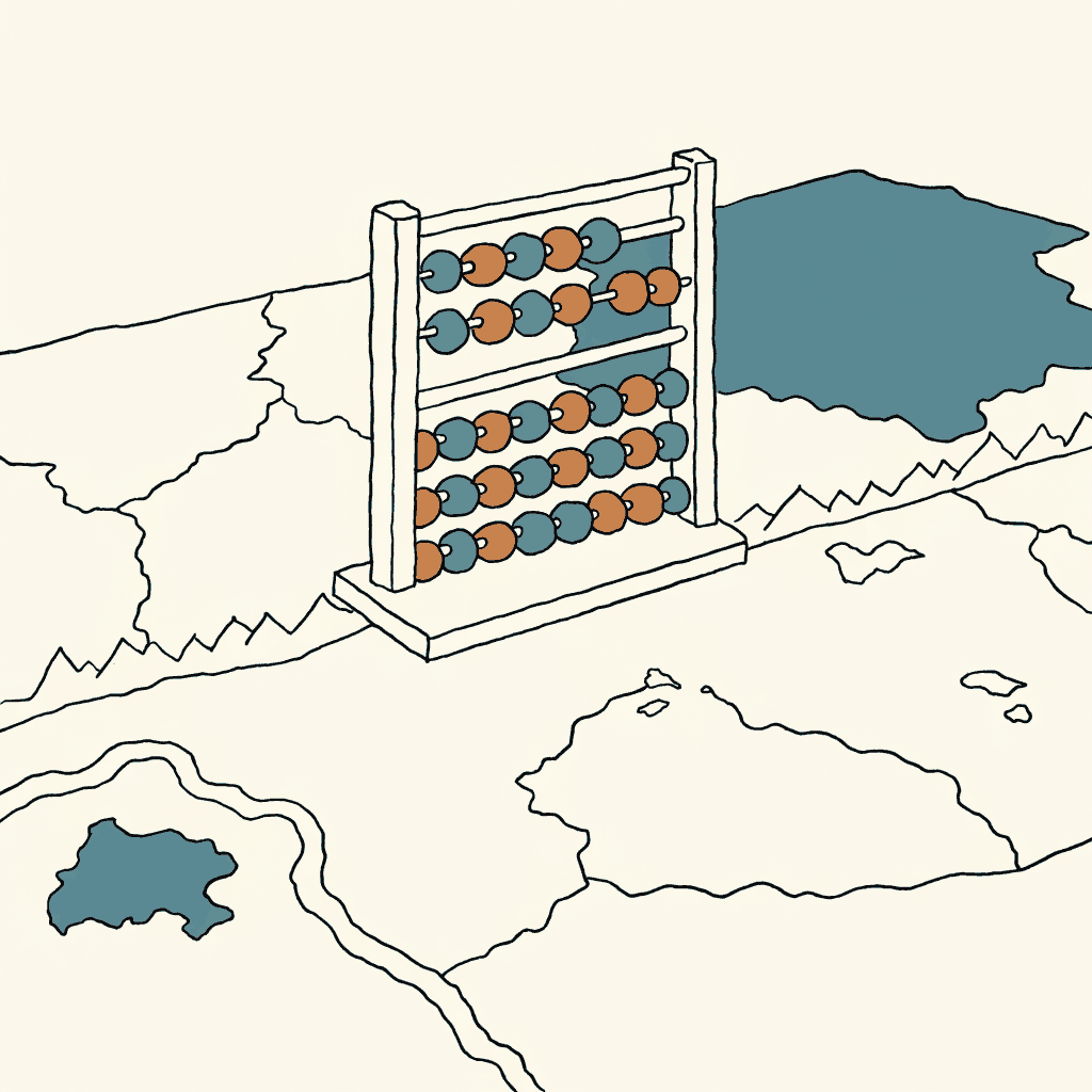 A classroom abacus set down on a war map, its beads slid over the front line