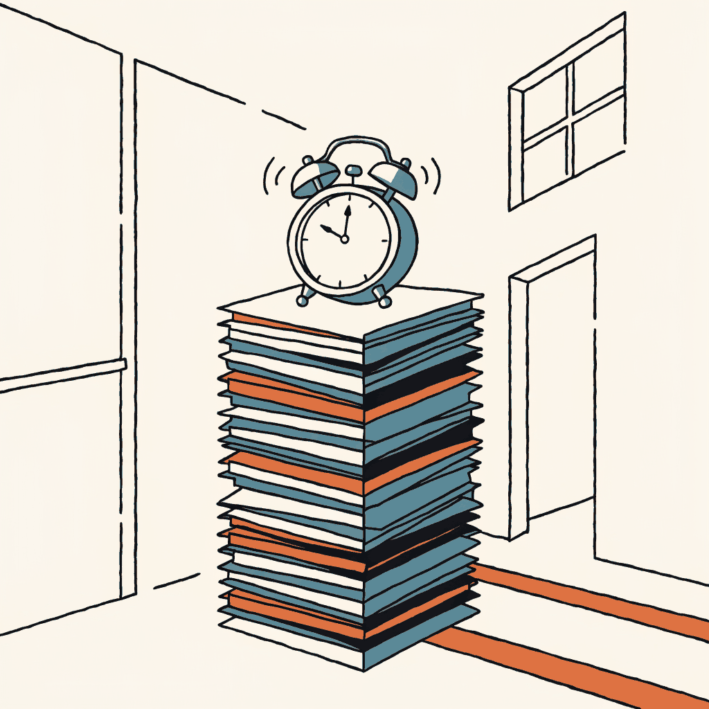An alarm clock ringing on top of a stack of overdue notices in a police station corridor