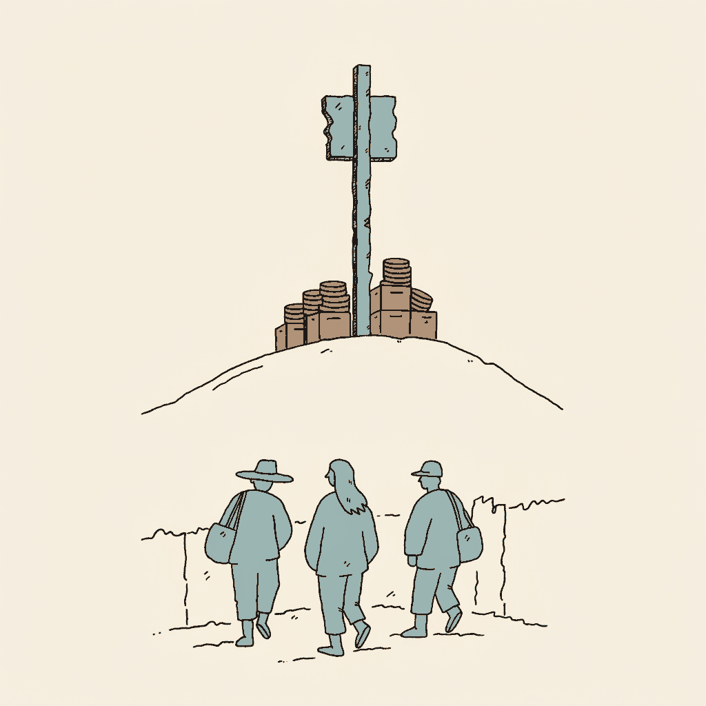 A weathered signpost that stood on the hill long before the crates of coin now stacked around its base, while the townspeople below face the other way
