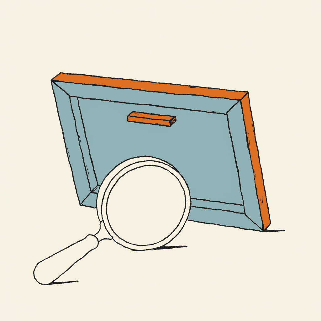 A framed film still turned to show its plain wooden back, a magnifying glass finding only the wall behind it
