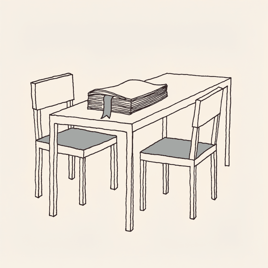 Two chairs pushed apart at a long table, a bookmark a third of the way into the report between them